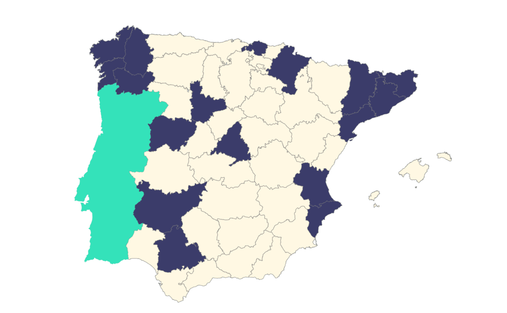 Imagen de las provincias de España cuyas partes coloreadas son en las cuales llega la cobertura U50